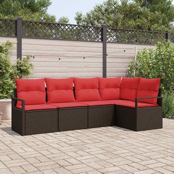 vidaXL Tuinbankenset 5 st Bruin en Rood poly rattan, Verzenden, Nieuw, Rotan, 5 zitplaatsen