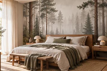 Fotobehang bos met mist – natuur behang woonkamer, Verzenden, Fotobehang