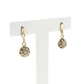 Bicolor gouden oorstekers met florale hanger en diamanten..., Gebruikt, Ophalen of Verzenden, Met edelsteen, Goud