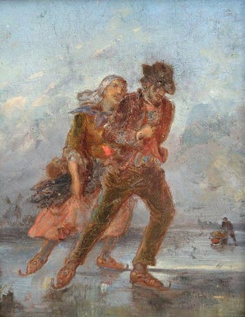 Nederlandse school (XIX) - Schaatsend paar op het ijs
