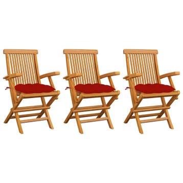 vidaXL Klapstoelen met rode kussens, 3 stuks, massief, Verzenden, Nieuw