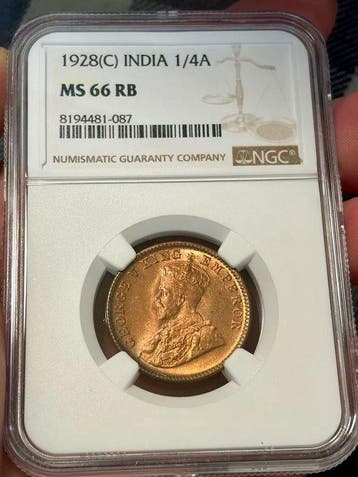 Brits India. George V. 1/4 Anna 1928 Calcutta NGC MS66 RB, Postzegels en Munten