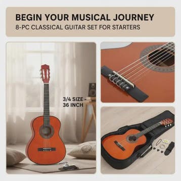 8-delige Klassieke Gitaar Set voor Beginners - 3/4 Maat (36, Verzenden, Nieuw
