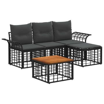 vidaXL Buiten bankenset 5 pcs Zwart en Donkergrijs Polyester, Tuin en Terras, Tuinsets en Loungesets, Verzenden, Nieuw, Rotan