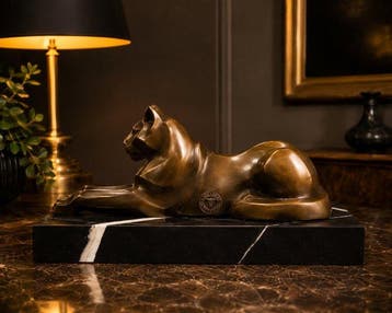 De Coux - sculptuur, Art Deco Panter op Marmeren Voet -