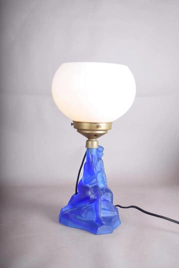 Art Deco vrouwenlamp, blauw matglas en opaline bol, Ophalen of Verzenden, Gebruikt