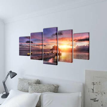vidaXL Canvas muurdruk set zandstrand met paviljoen 200 x, Verzenden, Nieuw