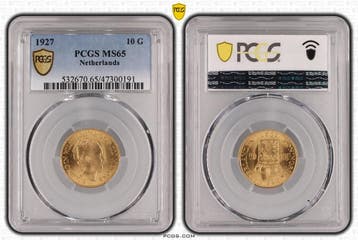 Gouden Wilhelmina 10 gulden 1927 MS65 PCGS gecertificeerd, Postzegels en Munten, Munten | Nederland, Verzenden, Goud, Koningin Wilhelmina