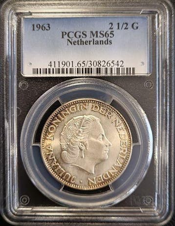 Koningin Juliana zilveren 2 1/2 gulden 1963 MS65 PCGS, Verzenden, Koningin Juliana, Losse munt, Zilver