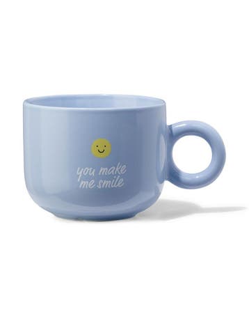HEMA Theemok 480ml aardewerk lichtblauw smiley 2+1 gratis, Verzenden