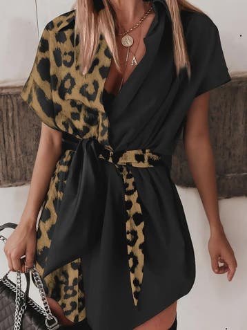 Dames Jurk met Leopard Print en Asymmetrische Kraag - Contra