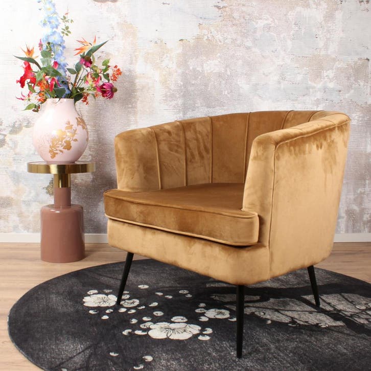 Norah fauteuil velvet goud, Huis en Inrichting, Stoelen, Nieuw, Ophalen of Verzenden