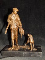 Fraai Bronzen beeld van een Jager met zijn Hond - sculptuur,, Antiek en Kunst