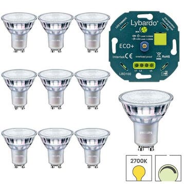 10 LED GU10 spot Philips | 5 watt 2700K + LED dimmer 3-175W, 30 tot 60 watt, Verzenden, Overige typen, Nieuw