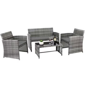 4-delige Rotan Tuinmeubelset – Tweezitsbank, enkele stoelen, 5 zitplaatsen, Nieuw, Loungeset, Bank