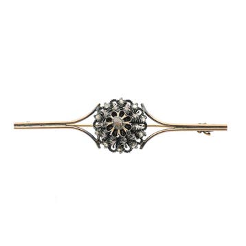 Antiek goud met zilveren broche met diamanten; ca. 0,25 ct., Gebruikt, Ophalen of Verzenden, Met edelsteen, Zilver